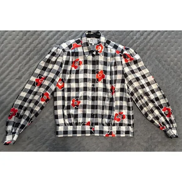 Vintage Anne Klein Women's Black White Gingham Checkered Blouse Red Poppy Size 8 - Picture 5 of 9